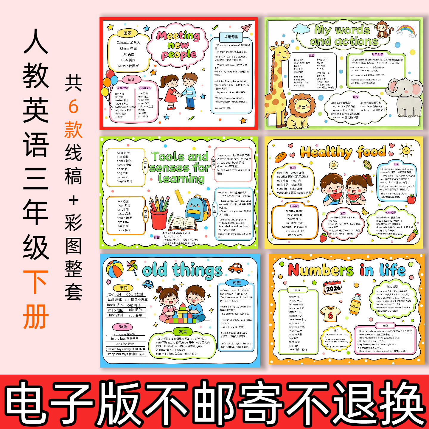 R90人教版三年级英语下册1-6单元思维导图手抄报线稿电子版模板