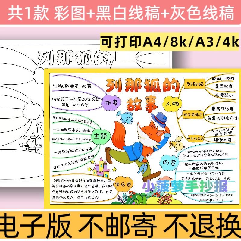 d63列那狐的故事思维导图手抄报模板A4可打印彩色卡通童趣绘画