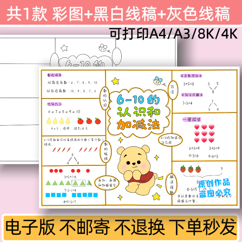 6-10的认识和加减法思维导图手抄报电子小学生一年级数学小报线稿