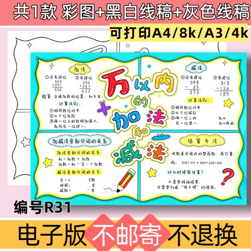 R31万以内加法和减法思维导图手抄报电子版模板黑白线稿可打印