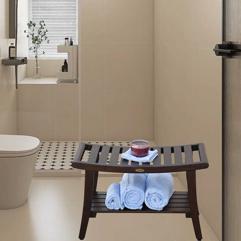 轻奢圆弧黑色柚木制浴室凳