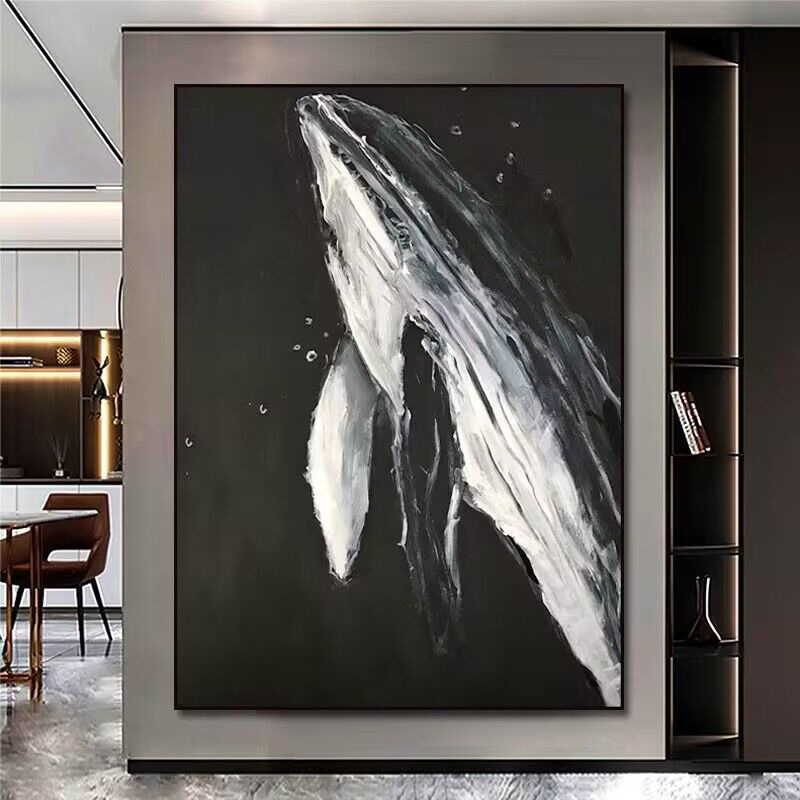 纯手绘油画黑白肌理画客厅玄关装饰画鲸鱼艺术儿童房手工立体图片