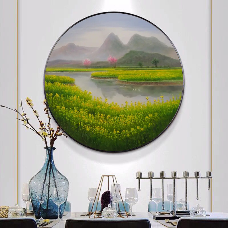 纯手绘油画玄关圆形风景装饰画手工绘制油菜花春天景色成品圆框图片