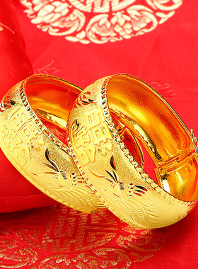 百年好合龙凤手镯结婚三金手工雕刻仿真新娘镀金镯子陪嫁三金