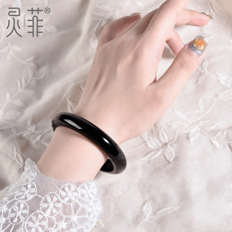 收藏级天然乌金黑曜石手镯女正品水晶手链手串圆条宽镯玉石镯子