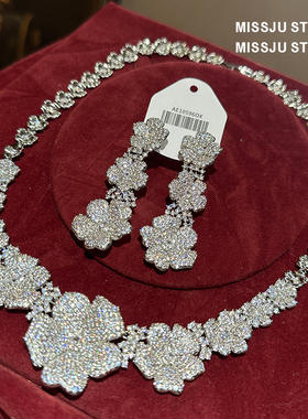 奢华重工山茶花花朵锆石项链耳环套装女高级感新娘婚纱晚礼服配饰