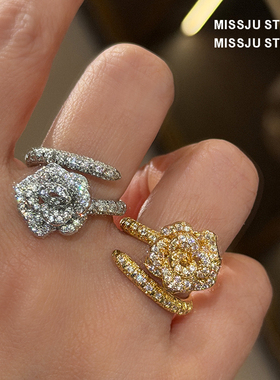 时尚奢华玫瑰花山茶花戒指立体花朵指环晚宴礼服手饰满钻小众气质