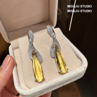满钻名媛弯曲叶子黄水晶耳环女轻奢黄钻水滴洋气独特小众设计耳钉