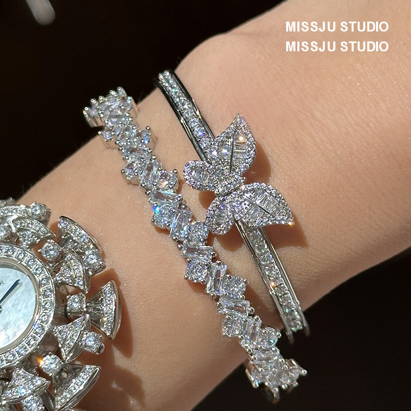 欧美潮个性气质甜美不规则碎钻拼接开口手镯蝴蝶手饰锆石夸张百搭
