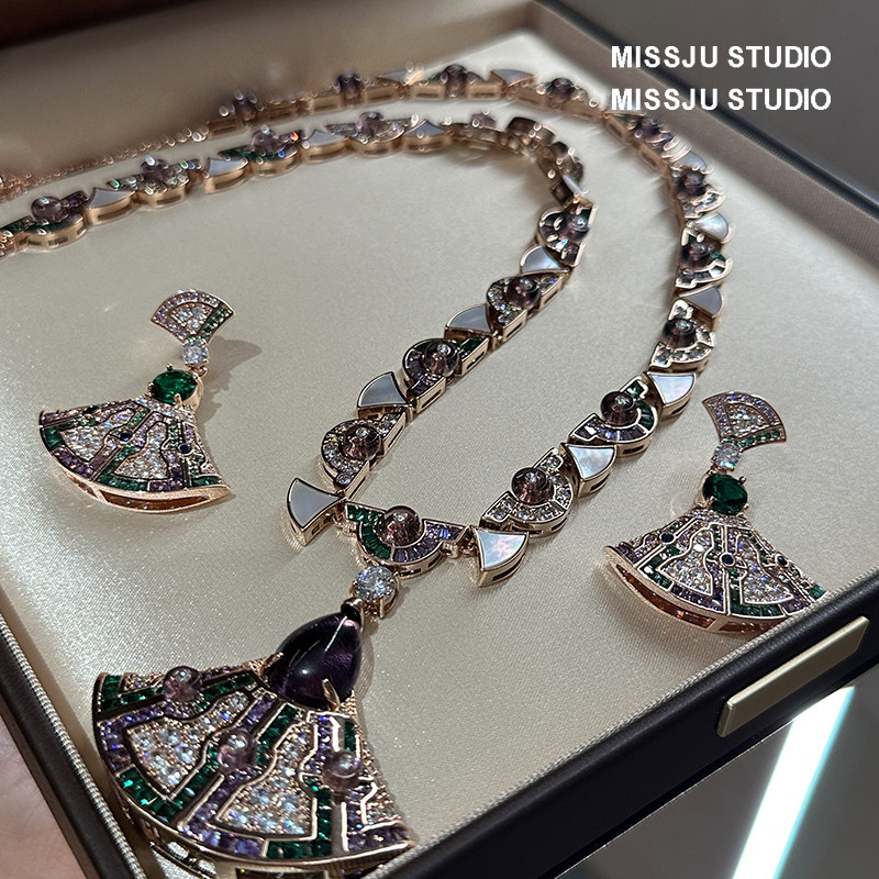 奢华优雅高级感满钻锆石绿钻紫色扇形扇子贝母项链套装礼服配饰