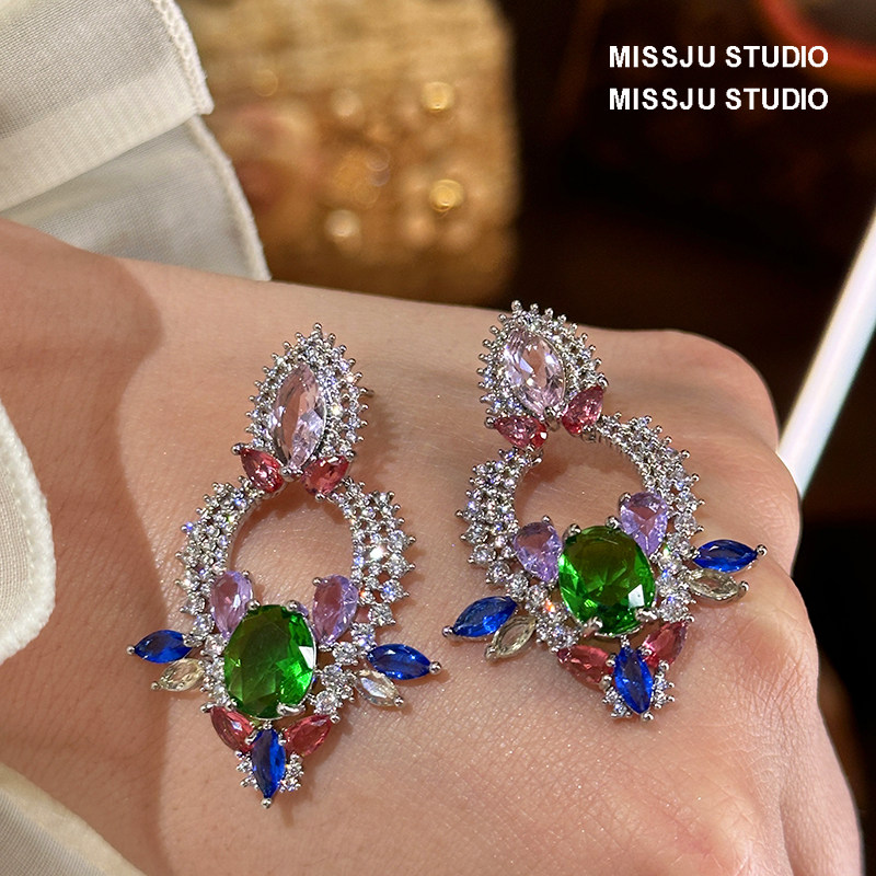 欧美时尚高级感彩色锆石花朵耳坠女几何拼接糖果色耳环小众冷性风