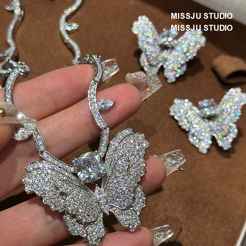 精工奢华镶钻满镶蝴蝶耳环项链套装重工立体宫廷欧美高级感大气