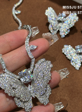 精工奢华镶钻满镶蝴蝶耳环项链套装重工立体宫廷欧美高级感大气