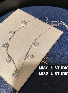 方形圆形树叶f多个吊q坠镶钻气质百搭几何形锆石项链简约锁骨颈链