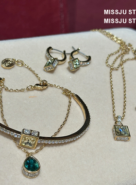 华丽复古满镶锆石开口手镯宴会方钻水滴璀璨手环方钻耳环项链套装