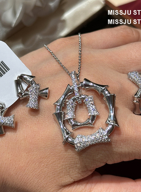 琚小姐交叉竹节镶钻耳钉项链戒指