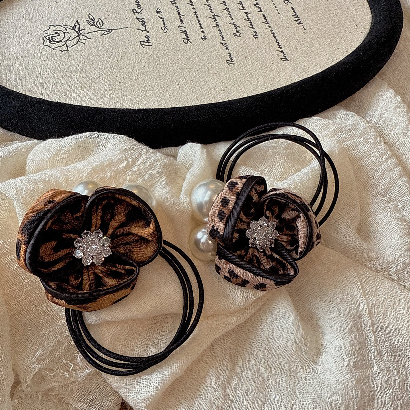 复古个性豹纹花朵珍珠发绳韩国发饰小众高弹力扎马尾头绳百搭