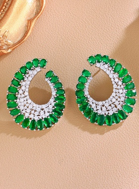 欧美设计时尚轻奢s925银针绿色满钻耳环微镶锆石C形耳圈个性耳饰