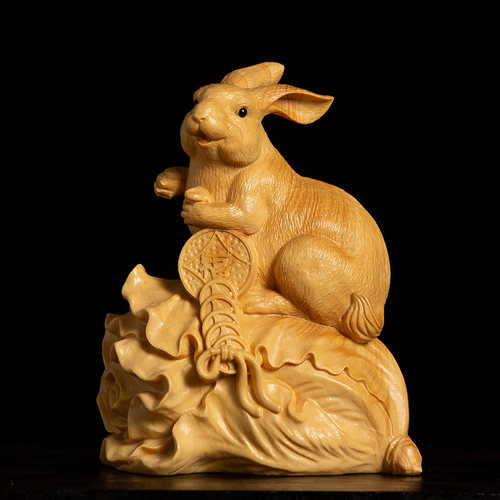 黄杨木可爱兔子客厅装饰木雕摆件