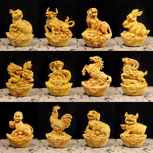黄杨木雕小摆件鼠牛虎兔龙蛇马羊猴鸡狗猪工艺品手把件十二12生肖