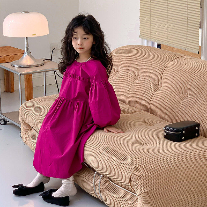 女童连衣裙2026春季新款儿童韩版洋气长袖中长款玫红色灯笼袖裙子