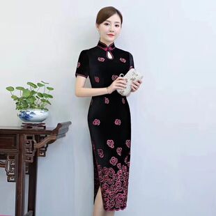 绣花精边弹力固定花朵丝光绒金丝绒布料连衣裙衫旗袍丝绒布面料