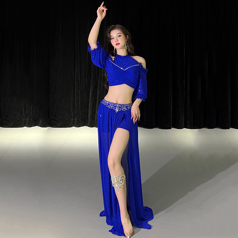 肚皮舞新款烫钻服装网纱长裙子东方舞练功习服团体班服表演出套装