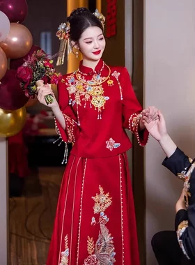 红色新中式敬酒服旗袍2026春季新款时尚新娘订婚礼服回门套装秀禾