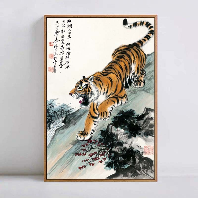 老虎图上山虎中式风格装饰画国画走廊玄关过道客厅卧室墙壁画竖版