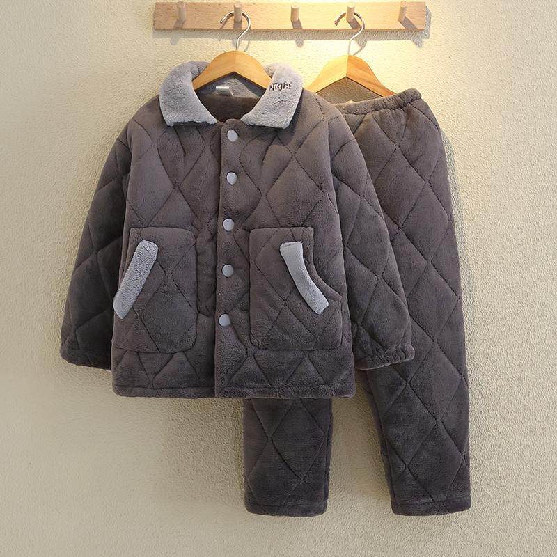 冬季新款儿童睡衣法兰绒加厚夹棉套装男孩子中大童亲子家居服翻领