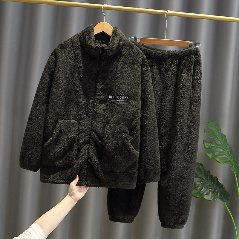 秋冬季男女新款珊瑚绒睡衣亲子加厚套装拉链保暖家居服