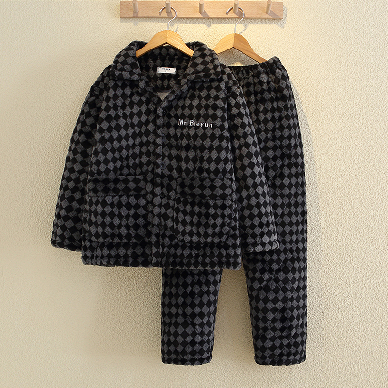 三层加厚男士睡衣秋冬季保暖加绒夹棉袄珊瑚绒2024新款家居服套装