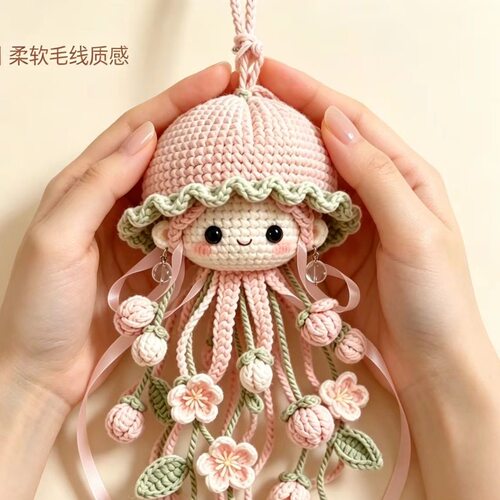 槐海精灵DIY钩织材料包多色 水母娃娃挂件新手毛线全套带视频教程