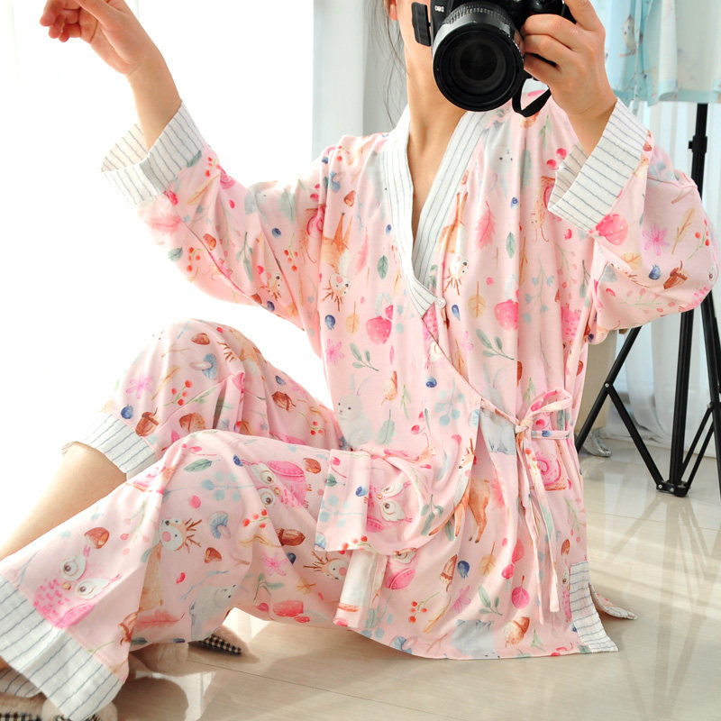 日系睡衣女和服套装2022春季纯棉薄款开衫斜襟系带和式家居服宽松