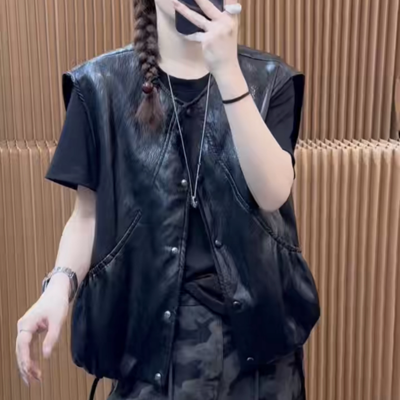 欧洲站2025年早秋新款坎肩无袖蛋白皮外套女单排扣 百搭显瘦开衫