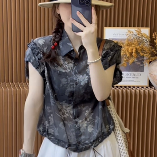 女洋氣抽繩顯瘦小衫 歐洲站2025年夏季 潮 襯衫 碎花翻領短袖 新款 時尚