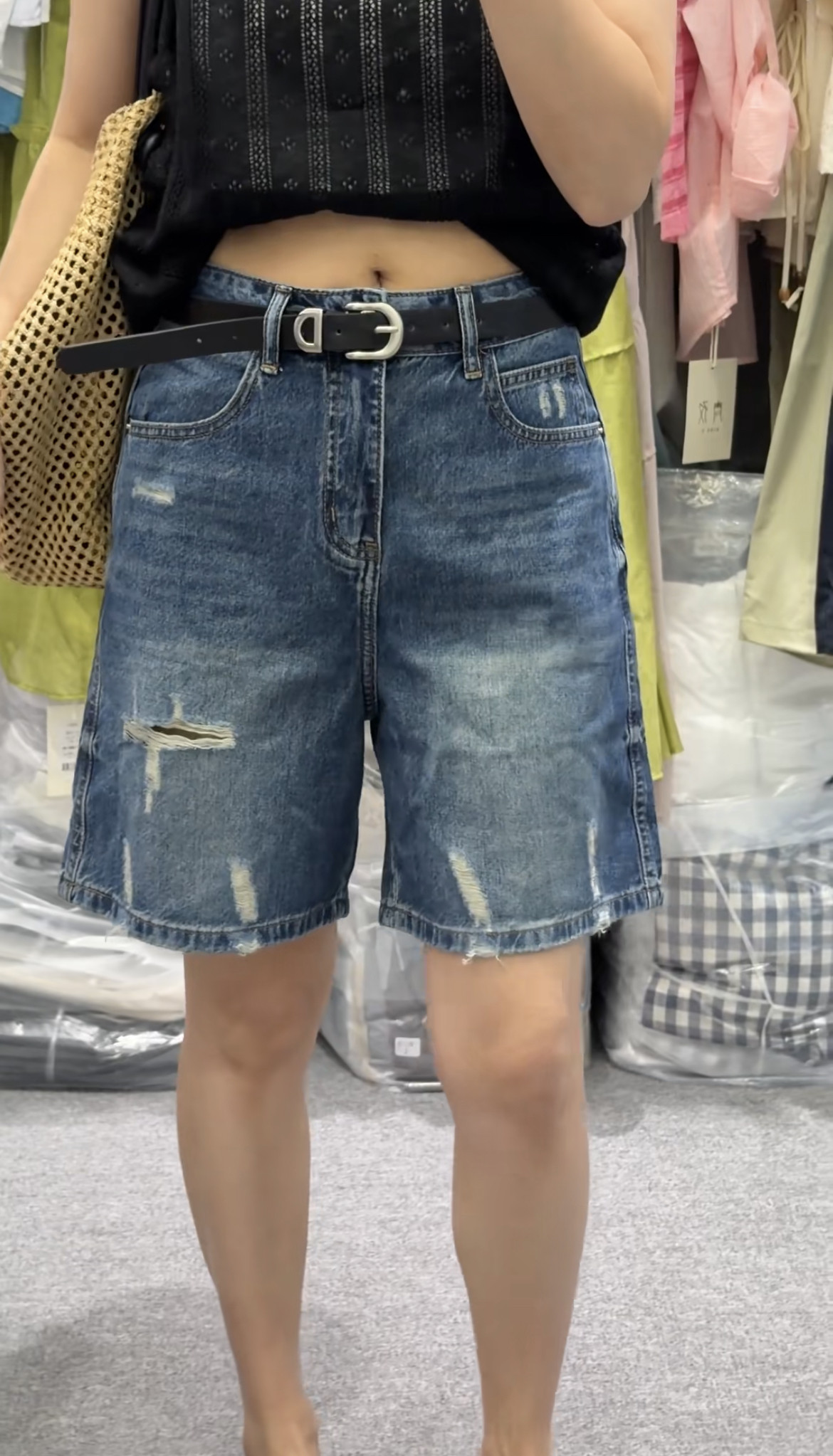 复古破洞水洗牛仔直筒五分裤女欧洲站2026年夏季新款蓝色男友短裤