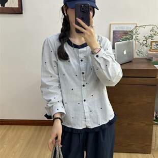 复古波点竖纹长袖衬衫女欧洲站2026年春装新款圆领长袖显瘦上衣潮