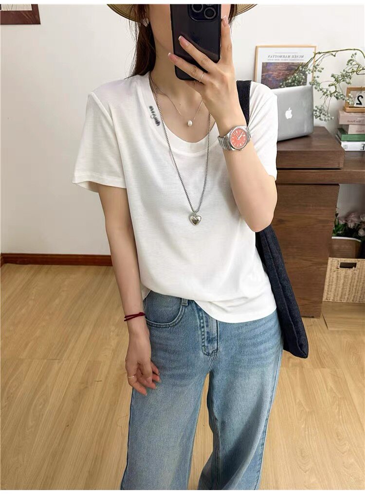 欧洲站2026年夏季新款时尚u领字母天丝面膜T恤女韩版短袖洋气上衣