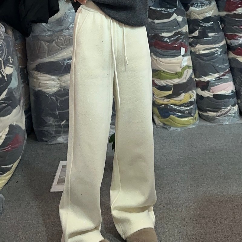 欧洲站2025年冬季时尚烫钻加绒加厚保暖休闲直筒裤女松紧腰长裤潮