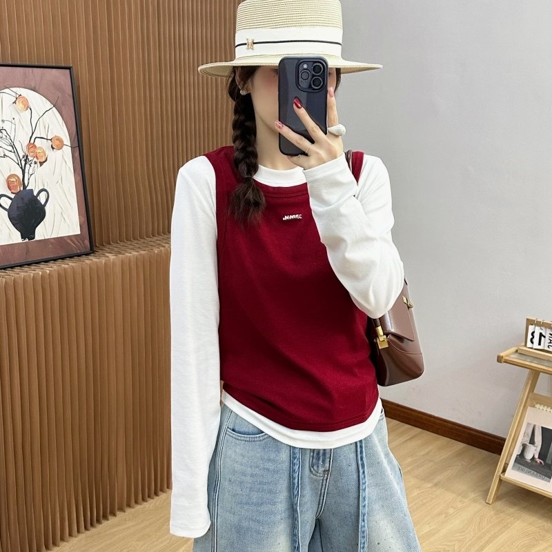 欧洲站2025年冬季新款时尚两件套女刺绣字母背心+长袖T恤打底衫女