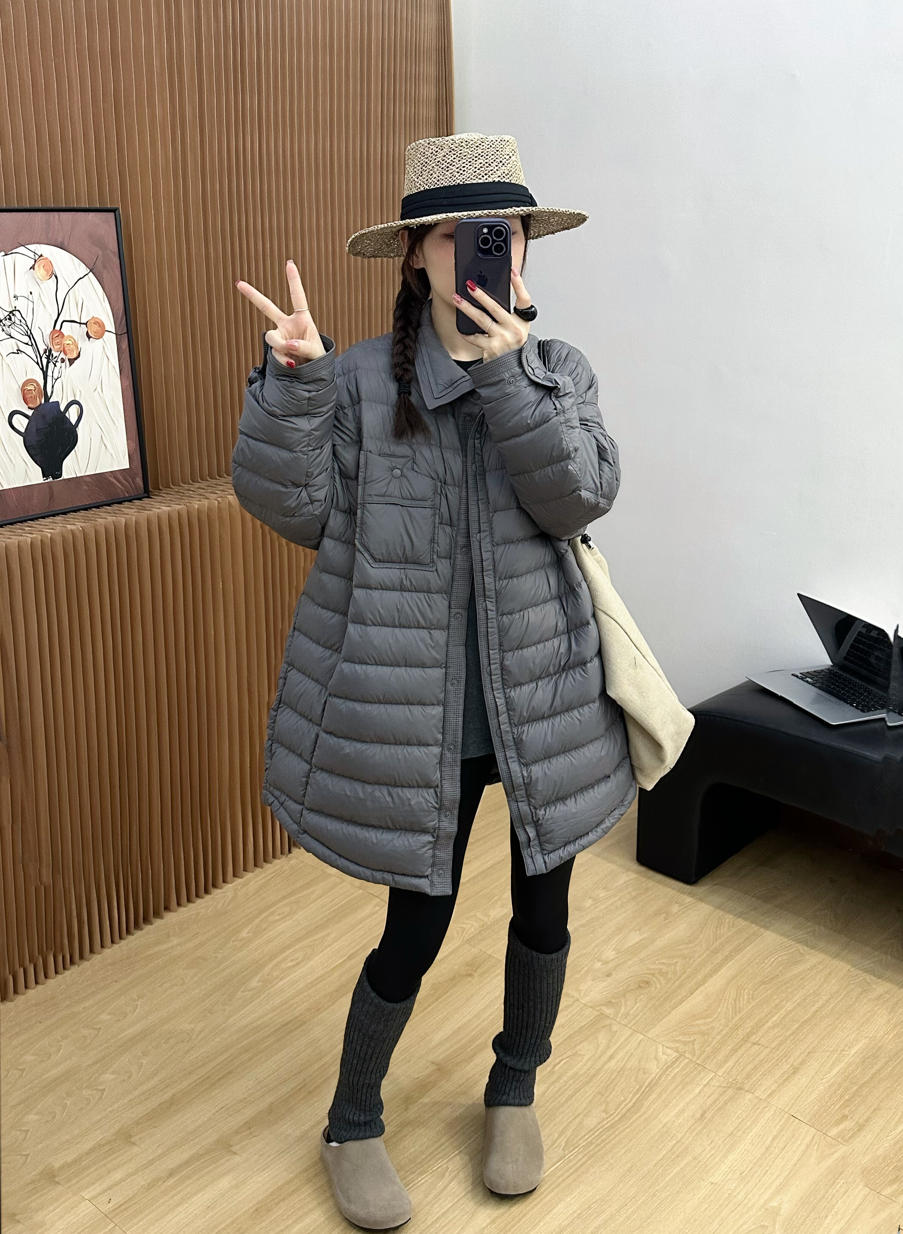 2025冬季新款时尚立领羽绒服女中长款宽松纯色轻薄款90白鸭绒外套