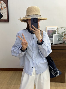 欧洲站2026年春装新款时尚刺绣爱心衬衫女拼色立领长袖韩版上衣潮