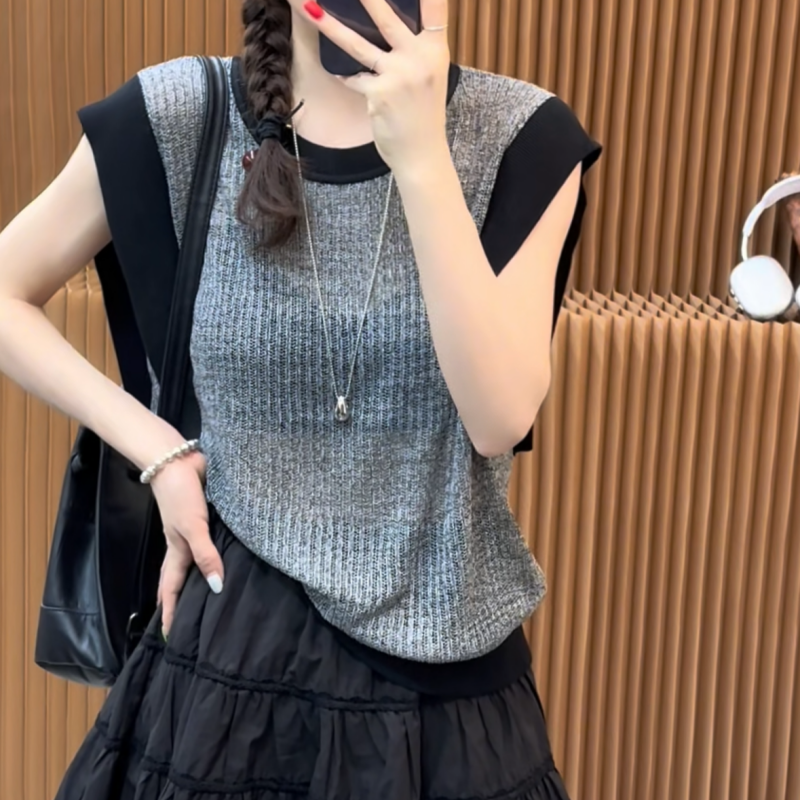 欧洲站2025年夏季新款时尚拼色飞飞袖冰丝针织衫女圆领显瘦薄上衣