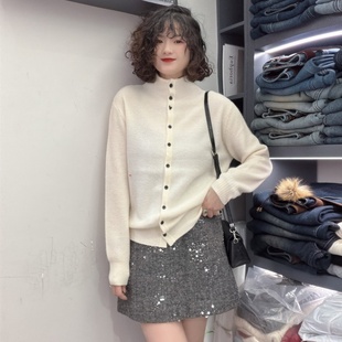 半高领单排扣绵羊毛针织开衫 时尚 女洋气毛衣 新款 欧洲站2025年冬季