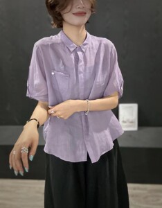 欧洲站2026夏季新款时尚贝壳扣口袋衬衫女韩版翻领短袖褶皱上衣潮