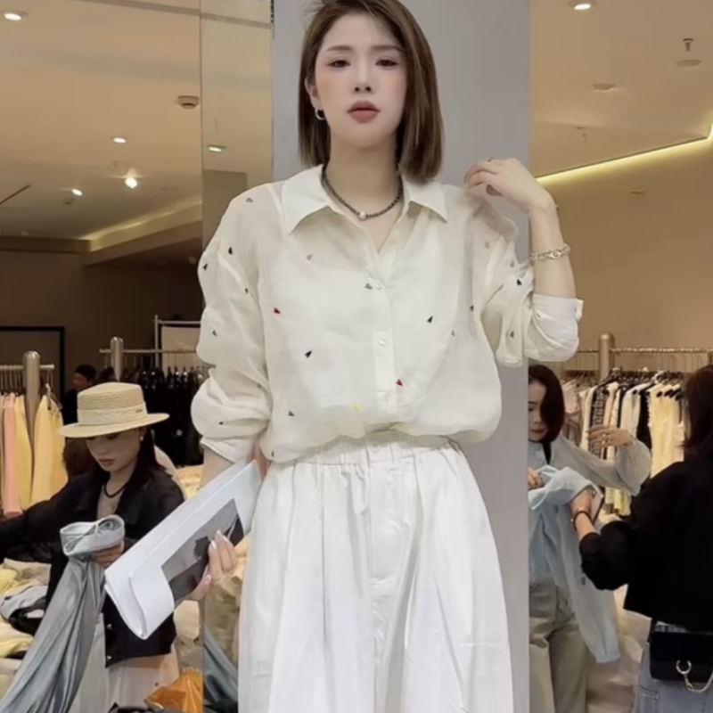 欧洲站2025年春装新款时尚刺绣爱心麻料衬衫女Polo领长袖洋气上衣