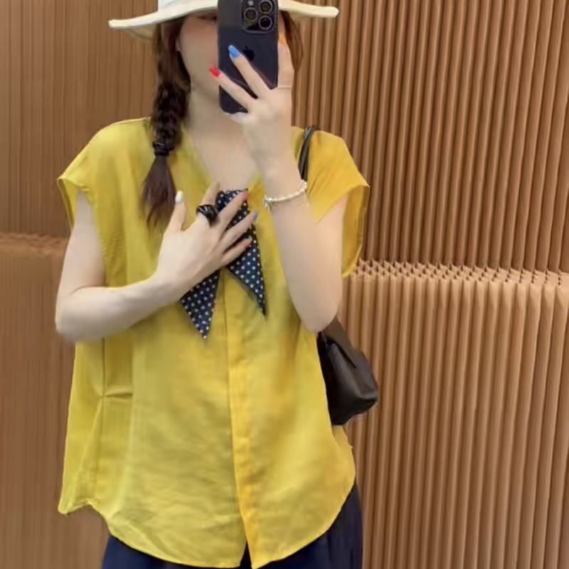 欧洲站2025年夏季新款时尚V领丝巾麻料衬衫女韩版盖肩袖褶皱小衫