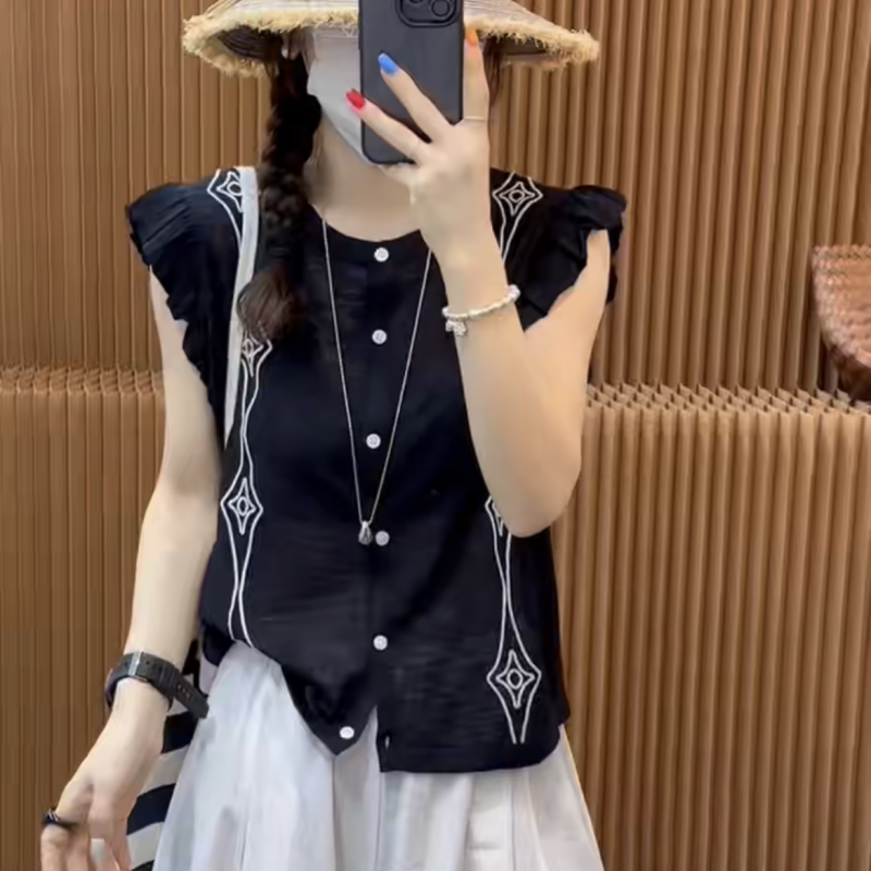 欧洲站2025年夏季新款时尚撞色碎花冰丝针织开衫女圆领单排扣上衣