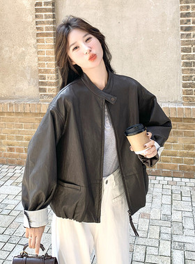 秋装新款显瘦气质宽松咖色韩版立领条纹拼色蛋白皮PU皮衣外套